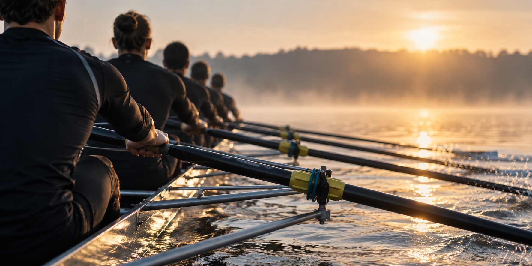 Rowing crew moving together in disciplined rhythm